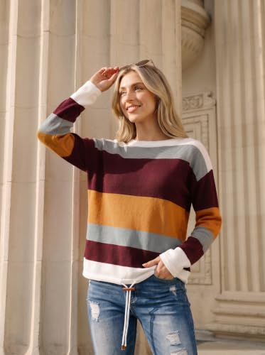 Image of Dokotoo Womens Sweaters Striped Fall Winter Outfits Drawstring Color Block | Long Sleeve,Crewneck,Lightweight Fashion Clothing,Teachers Comfy Outfits,Business Casual Tops,Vacation Wear