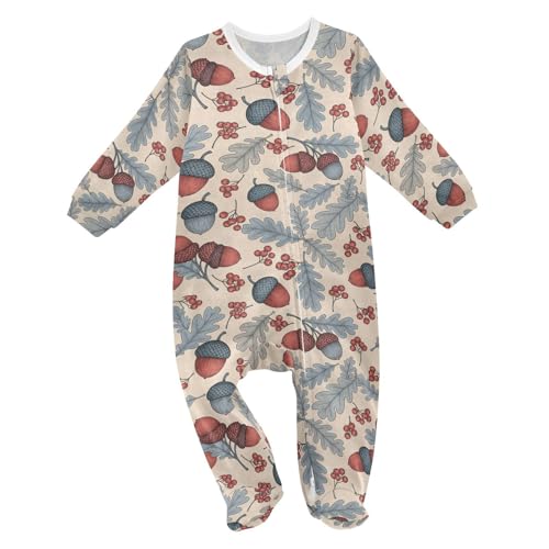 Emelivor Fall Acorns Berries Beige Baby Newborn One-Piece Pajamas Footie Long Sleeve Romper Pjs for Girls Boys