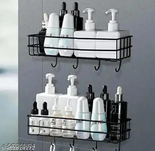 (PACK OF 2) Steel Self-Adhesive Multipurpose Bathroom Shelf with Hooks/Towel Holder/Rack/Bathroom Accessories-Wall Mount - Pack|Design - for home and kitchen 3