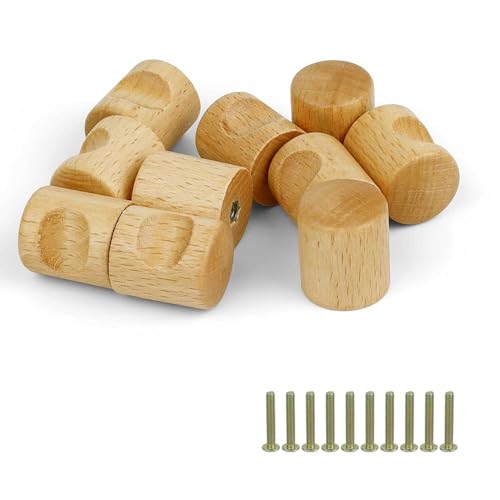 HJIAMA 10 Pièces Poignée Meuble Bois, 24mm Bouton de Tiroir, Bouton de Meuble, Hêtre Naturel Poignées de Boutons avec Vis pour Armoires, Tiroirs, Vitrines