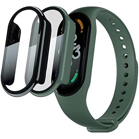 Acadeny Pack of 2 Cases with Tempered Glass Screen Protectors, Compatible with Xiaomi Band 7, 9H Hardness, 360° All-Round Protective Case, Ultra Thin Protective PC Case Cover for, Black and Green Cover