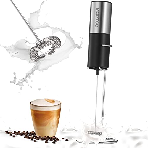 Mortgo Milk Frother Handheld, Electric Whisk Drink Mixer for Coffee, Latte, Matcha, Hot Chocolate, Portable Mini Mixer Battery Operated Foam Maker with Stand - Black and Sliver