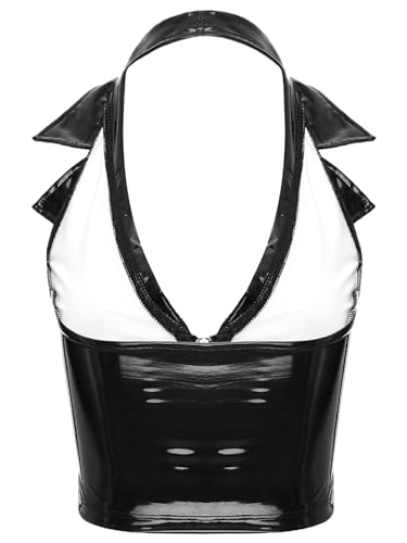 Women's Patent Leather Wetlook Crop Tank Top Zip Up Front Halter Tops Vest for Party Festival4