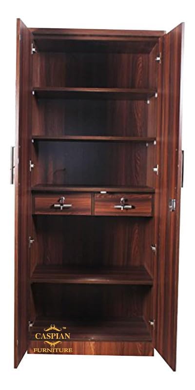 Image of CASPIAN Engineered Wood 2 Door Wardrobe (Brown) | Pre Assembled Furniture with Mirror | Streak Textured Cupboard /Almirah for Bedroom Clothes Storage Organizer with 5 Shelves & 2 Drawers