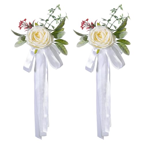 Omnikryp 2 Pièces Noeud Voiture Mariage, Décoration Voiture Mariage, Fleurs Artificielles pour Dossier de Chaise, Noble et Élégant, Utilisé pour Chaises...