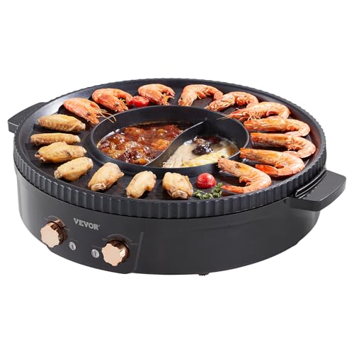 VEVOR Appareil à Fondue Chinoise avec Gril 2-en-1, Hot Pot Électrique 1800 W, Fondue Électrique avec Double Contrôle de Température Séparé, Poêle Antiadhésive, pour Barbecue Coréen Shabu Shabu Hotpot