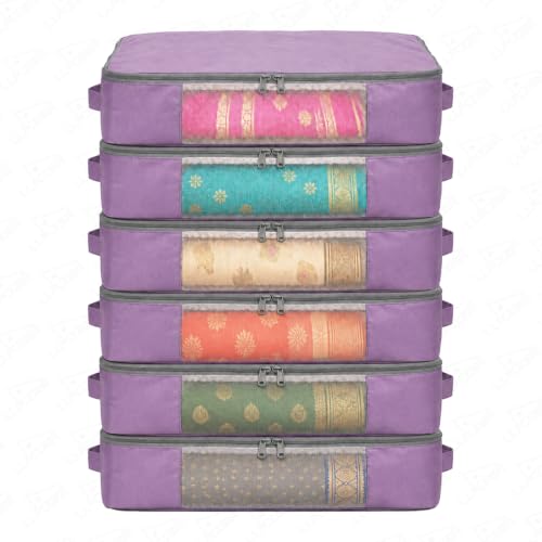 Image of Lukzer Nylon Clothes Storage Box /Saree Cover /Bags with Zip & Mesh Window Foldable Clothes Storage Organizer for Wardrobe /Lehenga /Dress /Shirts /Quilts /Sarees | (45 x 33 x 14.5 cm) Lavender - Pack of 6