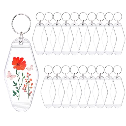 Yoption 20pcs Blank Motel Keychain Bulk with Rings, Clear Vintage Hotel Keychains Key Tag for Vinyl DIY Crafts and Luggage Tag