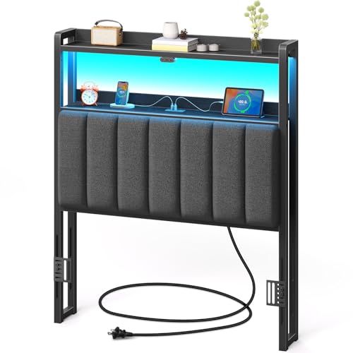 Rolanstar Headboard for Twin Size Bed with Storage, 60,000 DIY Color of LED Light, Head Board with USB & Type C Port, Height Adjustable, Black Upholstered Cabeceras de Cama Comfortable Modern, Linen