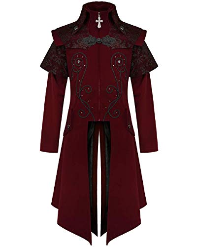 Devil Fashion Hombre Largo Gótico Abrigo Burdeos Terciopelo Rojo Damasco Steampunk Victoriano Caballero Regency Aristocrat Vintage CT13402 - Burdeos Rojo Vino, M