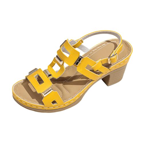 Generisch Sandalias de mujer con estilo con aspecto de tiras - Sandalias con cómodo tacón de bloque y hebilla | Elegantes zapatos de verano para el día a día y las fiestas, Estilo J03 Amarillo, 40 EU