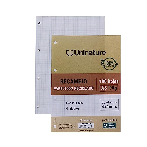 Unipapel | Ricambio di carta riciclata A5 | 100 fogli a quadretti 4x4 | Con margine | Carta super resistente | PaperClass90g