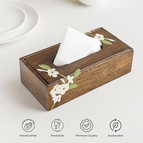Image of Aurum Crafts Bella Handpainted Wooden Tissue Box Holder | Decorative Napkin Dispenser for Tabletop | Tissue Box for Home Living Room Office Decor