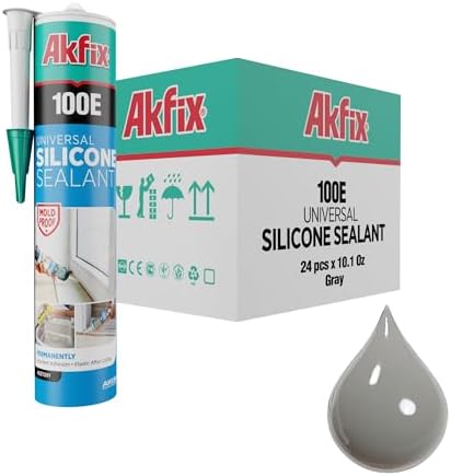 Akfix 100E RTV Gray Silicone Caulk (24x10.1 fl.oz.) - 100% Waterproof Silicone Sealant for Kitchen and Bathroom, Shower, Toilet, Sink, Window and Door, No Yellowing | Gray, 24 Pack