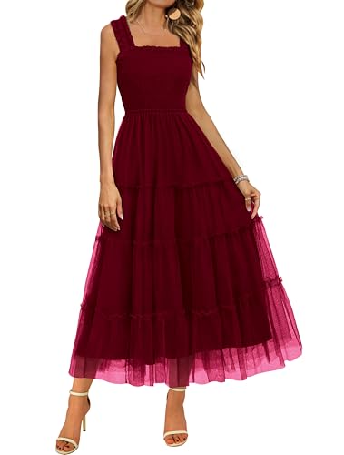 BTFBM Women's 2025 Summer Midi Dress Casual Sleeveless Square Neck Smocked Ruffle Tulle Party Wedding Guest Dresses(Wine Red, Medium)