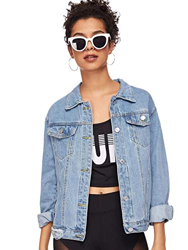 SweatyRocks Women's Casual Long Sleeve Button Down Boyfriend Denim Jacket Blue L
