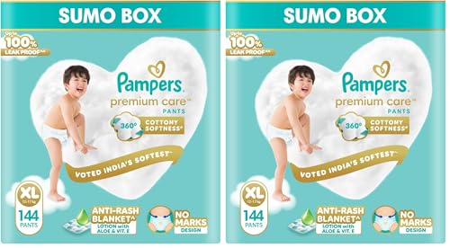 Image of Pampers Premium Care Diaper | Pant Style Baby Diapers Extra Large Size, 144 Count | 360 Cotton Softness Diaper |Anti Rash Diaper with Aloe Vera and 100% Leak Proof Protection | (72 Count, Pack of 4)