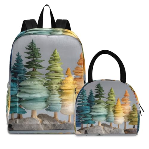 Trees Art Print Backpack Set with Lunch Bag, Large Capacity Travel Backpacks and Lunch Box Insulated for Commute Hiking Picnic