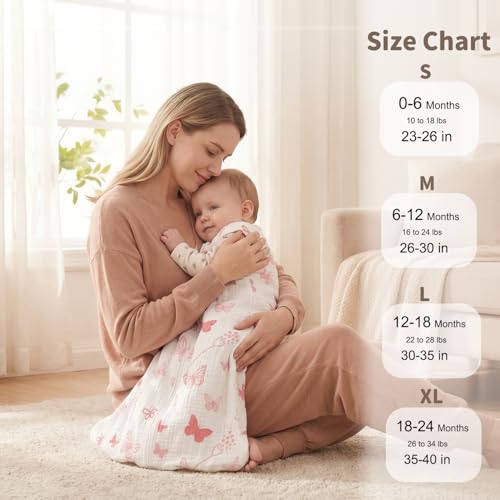 Image of BSTOPPT 2 Pack Baby Sleep Sack 18-24 Months 100% Organic Cotton Muslin Baby Sleeping Bag 2-Way Zipper Wearable Blankets TOG 0.3 (Gray & Pink Butterfly, X-Large)