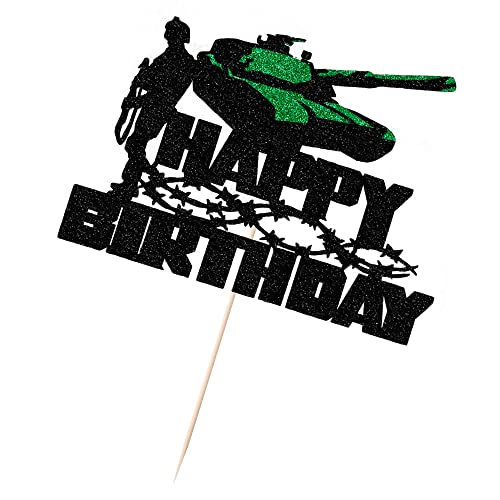 Bejotaa Black Glitter Silver Tank Soldier Cake Topper, Happy Birthday Veteran's Day Cake Topper,Military Themed Cake Topper (Black And Green) #TOP2