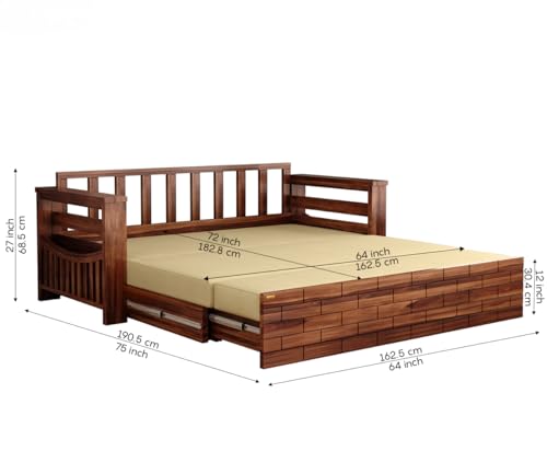 Image of Sheesham Wooden Sofa Cum Bed for Living Room with Side Pocket Storage - 3 Seater Sofa Cum Bed with Storage - 3 Person Sofa Cuma Bed Wooden with Premium Cushion Seating (Honey)