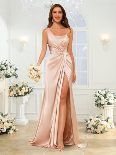 YOFF One Shoulder Bridesmaid Dress with Slit Long Satin Prom Mermaid Maxi Formal Dresses YO0133