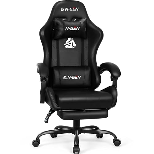 NEO Chair Video Gaming Chair with Footrest High Back Ergonomic Comfortable Office Computer Desk with Lumbar Support Height Adjustable with PU Leather Recliner for Adults Women Men (All Black)