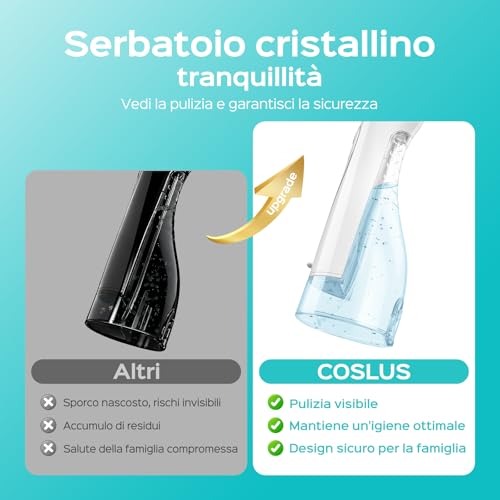 Coslus Idropulsore Dentale Portatile Senza Fili, 300 Ml Irrigatore Idropulsore Ricaricabile Impermeabile IPX7 Foppio Flusso Water Orale Flosser Pulizia Denti Ideale Per Viaggi A Casa - 6