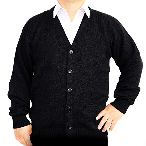 Alpaca Cardigan Golf Sweater Jersey V Neck Buttons and Pockets Made in Peru Black L