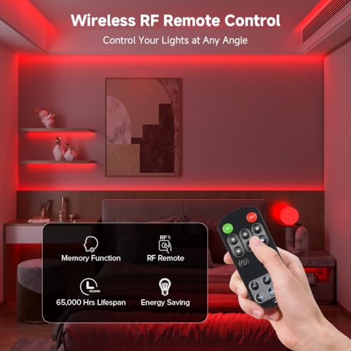 Image of BTF-LIGHTING Red Color COB LED Strip Light, UL Listed High Density Flexible Tape Light with RF Remote & ETL Power Adapter, DC12V 16.4FT Ultra Bright Light for Cabinet Kitchen Home Indoor Lighting