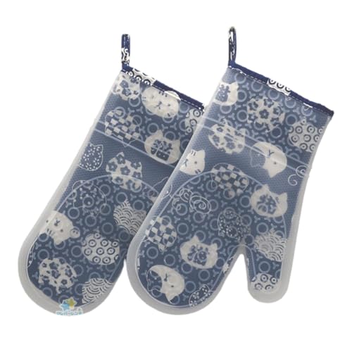 STEEL-LAND 耐熱ミトン 両手セット オーブンミトン シリコン 二重層構造 耐熱300℃ 厚手 防水・滑り止め 左右兼用 かわいい猫柄 ネイビーブルー｜キッチン・オーブン・電子レンジ・BBQ・キャンプ用 [並行輸入品]