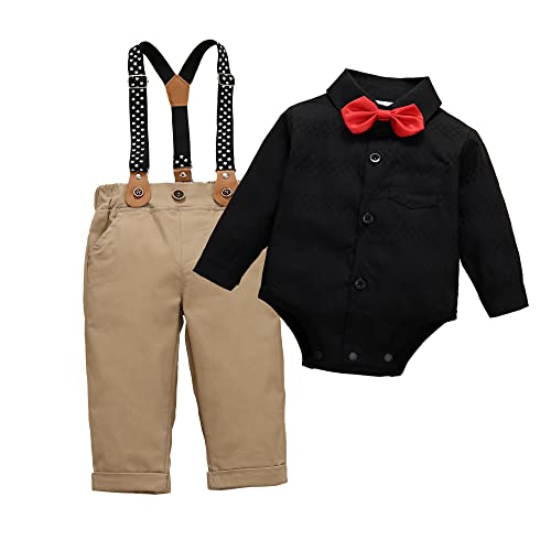 Image of HeMarIsle Baby Toddler Boy Formal Gentleman Suits,Dress Short Shirt With Bowtie+Suspender Pants Dressy Outfit