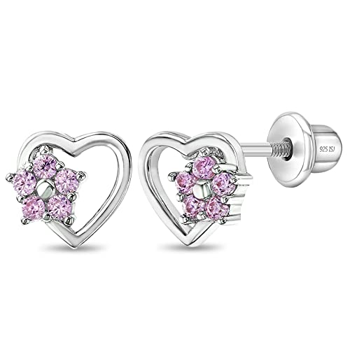 925 Sterling Silver 4mm Heart & Flower Screw Back Earrings for Children with Pink Cubic Zirconia Stones - For Little Girls, Toddlers & Preteens