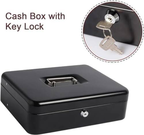Image of Wosta Cash Money Safe Box - Compact Solid Steel Lockable Security Storage Chest for Loose Money, Coins, Change & Valuables with 2 Keys (X-Large) 11.8 inchL x 9.5 inchW x 3.5 inchH, Black