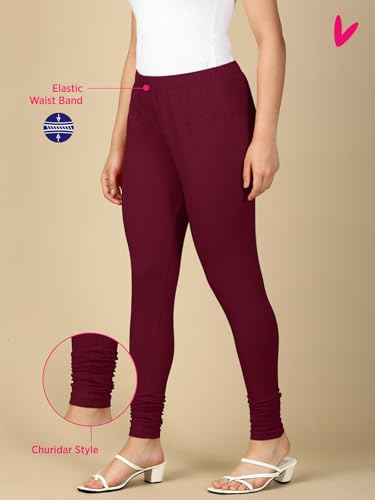 Image of Lux Cozi PYNK Solid Premium Cotton Lycra Churidar Leggings for Women | Regular Fit Elastic Waist Full Length Women Leggings | Free Size