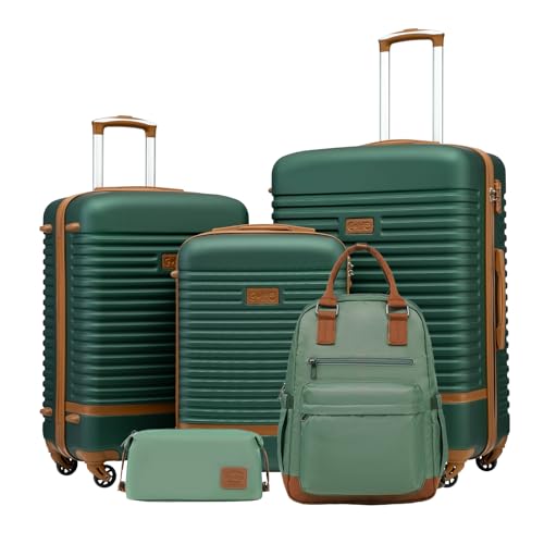 COOLIFE Suitcase Set, 5 Piece Luggage Sets with Travel Backpack and Toiletry Bag for Family Travel, TSA Lock 360° Spinner Wheels (Green/Brown, 5 Piece Set)