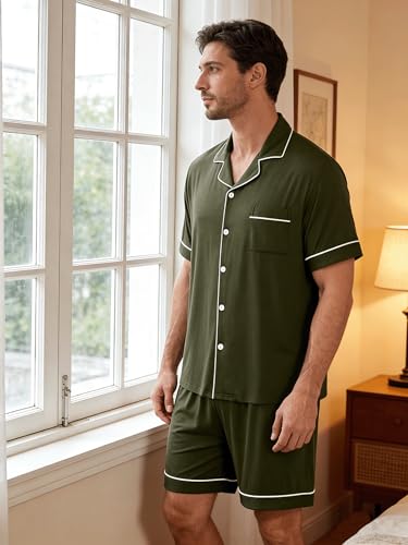 Image of Mens 2 Piece Short Sleeve Button Down Pajama Set, S-3XL | Soft Modal Fabric, Cool Lightweight Sleepwear & Loungewear with Pockets, Home Relaxing