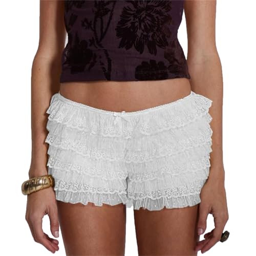VnimVinter Women Y2k Lace Bloomers Elastic Waist Low Rise Coquette Aesthetic Ruffle Layered Boy Shorts (A-White, L)