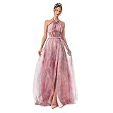 VIPGIRL Women’s Sexy Halter Rainbow Tulle Maxi Corset Prom Fairy Dress, 3D Floral A-line Bandage Long Homecoming Gown, Large, Lotusrootpink