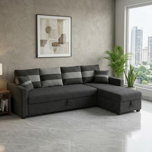 Image of CASASTYLE Sumur 6 Person Seating RHS L Shape Sofawith Pull Out Bed & Storage Lounger | Premium Soft Velvet Suede Fabric | Comfort Cushions | Ideal for Living Room, Hotel & Office (Dark Grey)