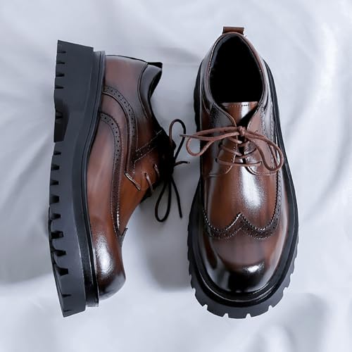 Men's Leather Wingtip Platform Oxfords - Vintage Round Toe Lace-Up Derby Shoes for Business Office & Work - Classic Formal Design2