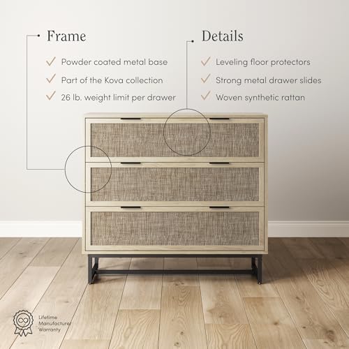 Image of Nathan James Kova 3-Drawer Rattan Dresser or Boheminan Living Room Storage Cabinet with Textiline Rattan Accent and Metal Legs, Light Oak /Black