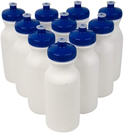 CSBD 20oz Sports Water Bottles, 10 Pack, Reusable No BPA Plastic, Pull Top Leakproof Drink Spout, Blank DIY Customization for Business Branding, Fundraises, or Fitness White Bottle Blue Lids