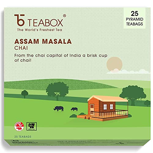 Teabox Assam Masala Chai Spiced Tea | Contains Natural Spices Cinnamon, Cardamom, Black Pepper, Clove, Ginger | Best English Breakfast Chai Tea for Latte | Box of 16 Tea Bags