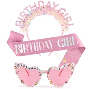 Atoden Birthday Girl Sash Glitter Headband Tiara Crown Sunglasses Pink Happy Birthday Decorations Party Favors Accessories for Adult Women Princess Outfits Gifts