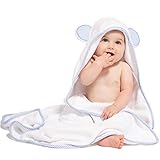 Fishers Finery Bamboo Viscose Baby Hooded Bath Towel & Washcloth Set - Unique Mitten Design (Blue)