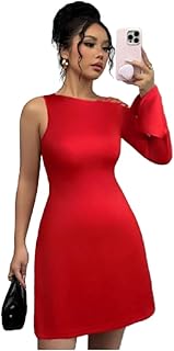 فستان نسائي جديد بلون سادة كلاسيكي محبوك مرن