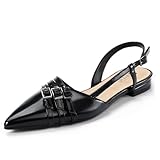 IDIFU Black Flats for Women Slingback Pointed Toe Ballet Flats Shoes Women Dressy Comfortable Casual Flat Dress Shoes for Women Office Work Bridal Cute Fashion Slip on Buckle Flats(Black Pu, 7.5)
