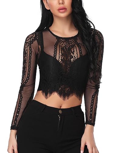 Wayleb Camicia Donna Elegante in Pizzo - Maglietta Manica Corta, Maglia Trasparente, Top Sexy, Dirndl Bluse Lunga/Corte, Cerniera Posteriore, S-XXL