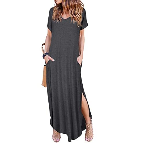 Arolina Women Summer Maxi Dress Short Sleeve V Neck Casual Loose Long Split Dresses Beach Vacation Sundress with Pockets Dark Grey Large